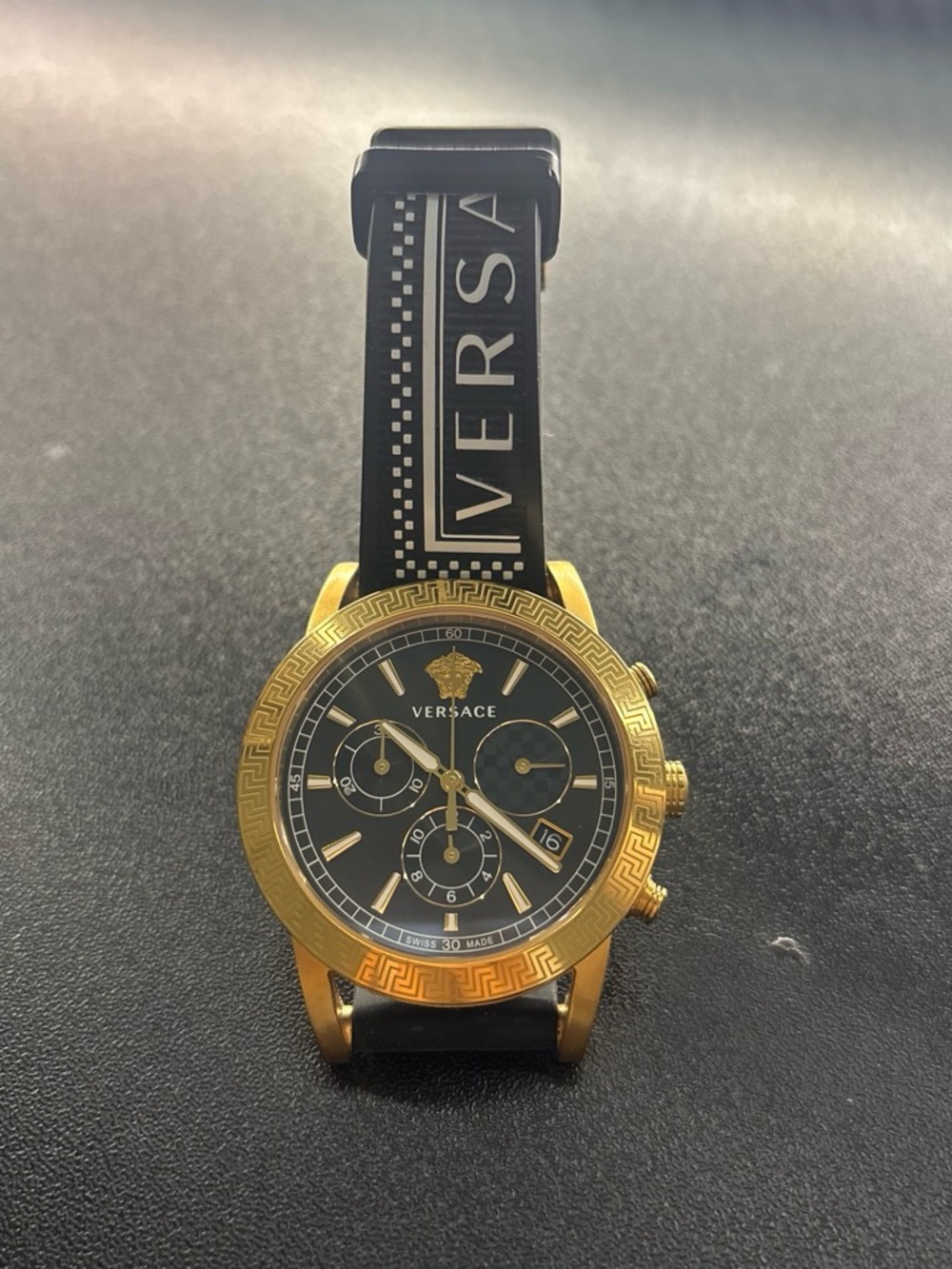 Versace Gold Black Chronograph Watch Swiss Made Medusa Greca